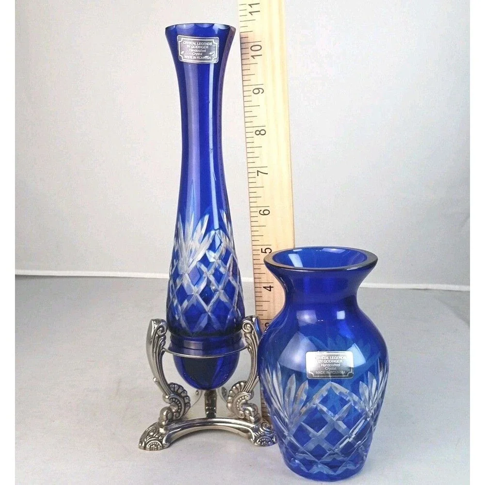 Set‎ of 2 Godinger Crystal Legends Cobalt Cut Clear Bud Vases Silver Plated Base